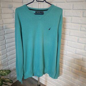 Nautica Men's Size XL V-neck Teal Green Lightweight Loose Fit Sweater